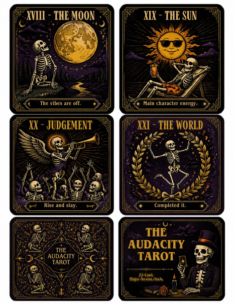 Tarot cards - Moon, Sun, Judgement, World and card back