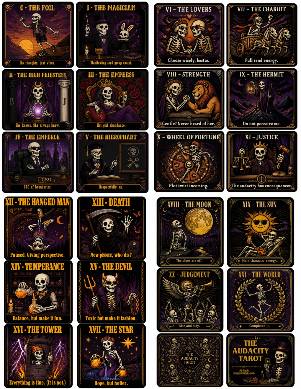The Audacity Tarot - 22 skeleton-humor cards